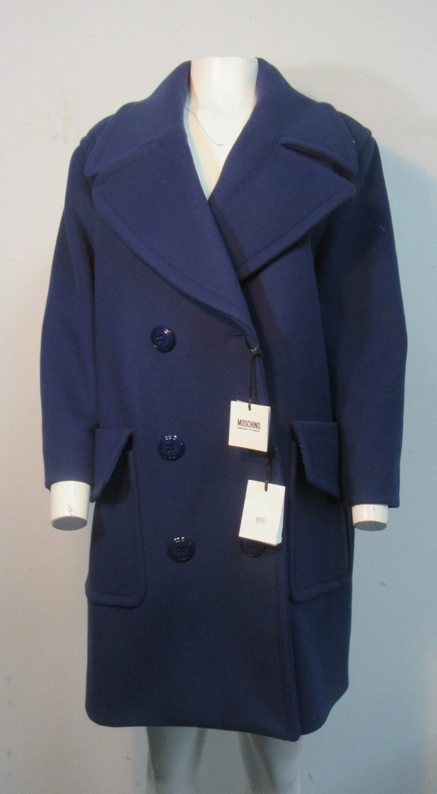 Cappotto di pea blu misto lana Moschino taglia 10 nuovo con etichette