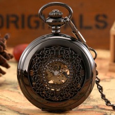 Black Mechanical Hand Wind Skeleton Men Women Pocket Watch with Necklace Chain