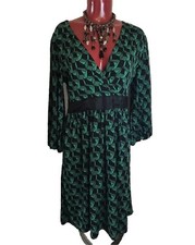 NINE WEST GEOMETRIC PRINT GREEN/BLACK FAUX WRAP FRONT DRESS- SIZE L LARGE