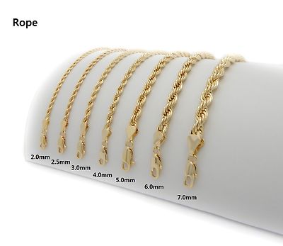 NEW 14K GOLD PLATED ROPE NECKLACE CHAIN (2mm to 7mm) / (20''/24''/30'') 