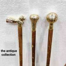 Lot Of 3 Pcs Vintage Walking Cane Wooden Walking Stick Brass Handle Knob Gift