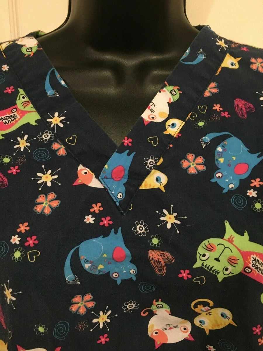 Ladies Scrubs Top Small Vet Tech Cat Kitten Pet Veterinarian Black
