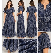 Simply Vera Vera Wang Small Blue Bandana Paisley Tiered Maxi Dress V-Neck Boho