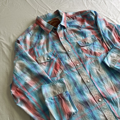Red Camel Shirt Mens Large Red Blue Plaid Pearl Snap Western Rodeo Double Pocket