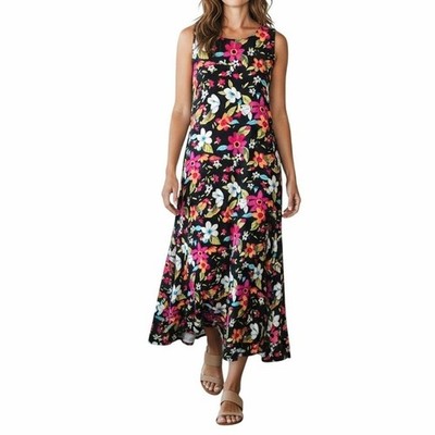 Notations Maxi Dress Women S Black Floral Sleeveless Rayon Boho Tropical Resort