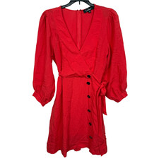 Lulus Faux Wrap Dress Small Red Button Shimmer V Neck Dressy Classy