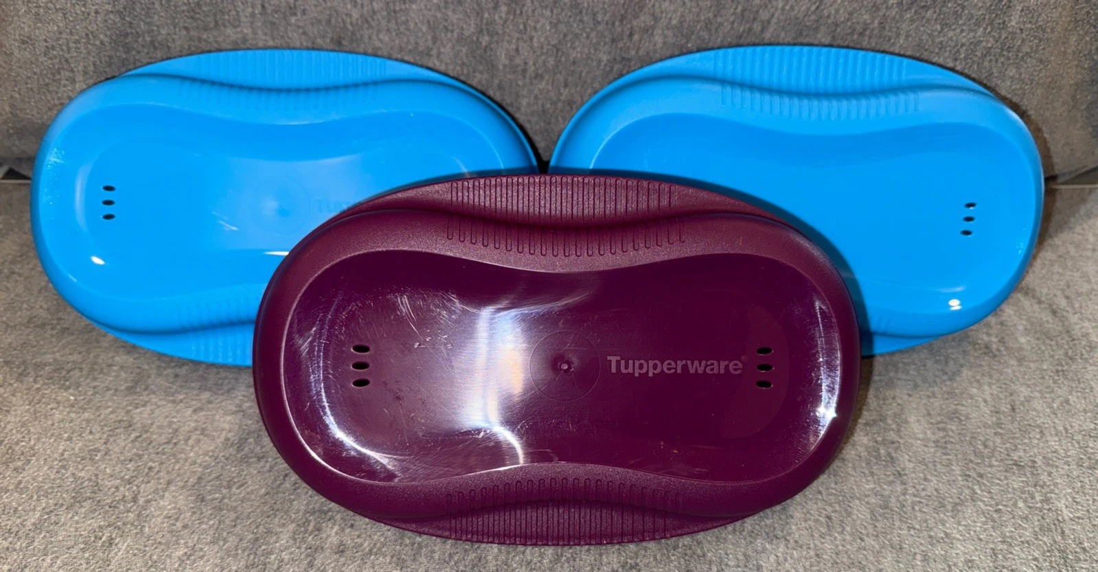 Tupperware 6996 Microwave Breakfast Maker Egg Omelet Lot of 3 (2 blue 1 purple)