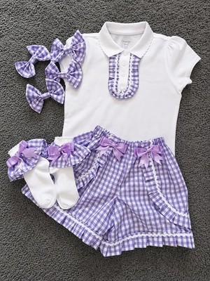 MÄDCHEN GINGHAM KARIERT SCHULOUTFIT SHORTS POLOSHIRT ALTER 2-13 JEDE FARBE HANDGEFERTIGT
