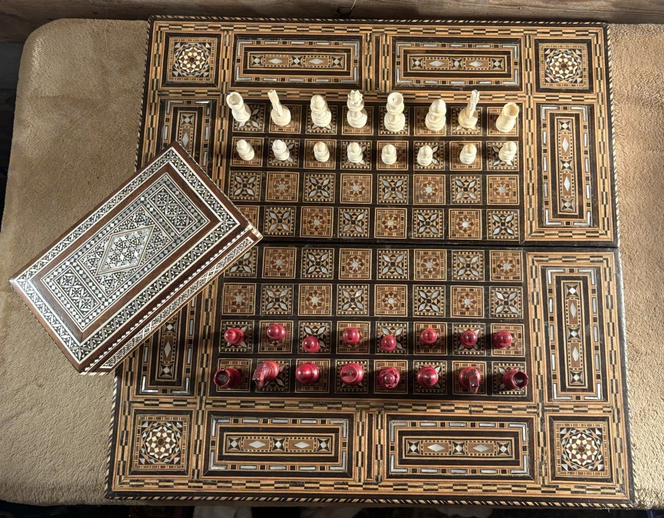 Handmade Solid Inlaid Folding Wood Game Board Chess Backgammon With Inlaid Box - Image 2 of 4