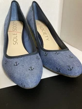 SOLE SOCIETY Womens 7M Blue Anchor Nautical Print Espadrille Wedge Pumps Heels