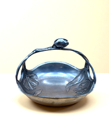 Vtg Art Nouveau Frieling-Zinn Pewter Basket Tulip Motif Germany Jugendstil 11 