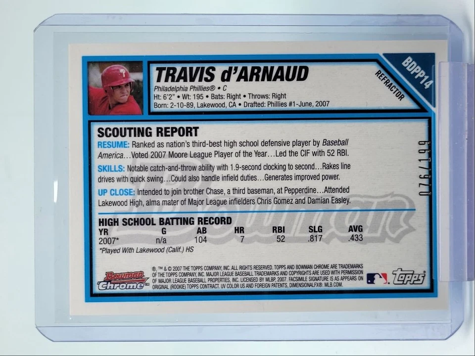 TRAVIS D'ARNAUD 2007 BOWMAN CHROME DRAFT 1ST BLUE REFRACTOR /199 Q5476 - Image 2 of 2
