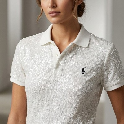 NWT Polo Ralph Lauren Sequin Polo Shirt in White Collared Tee T