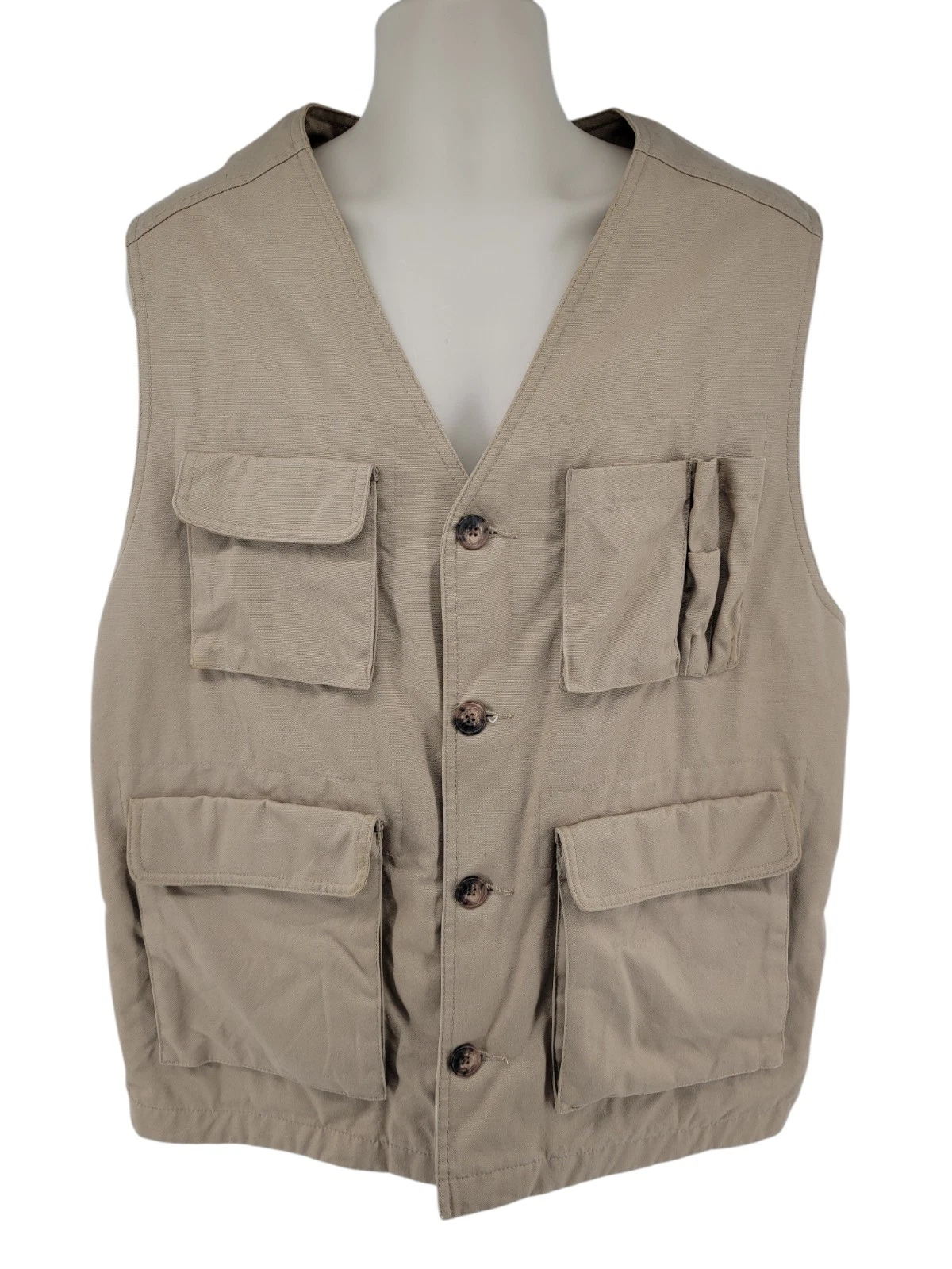 Duluth Trading Co Vest Mens L Tan Utility Fishing Hunting Safari Cotton Pockets