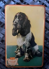Vtg 40s Large English SHARP’S Lithographed Spaniel Dog Toffee Tin - Very Good