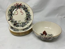 Christmas Lenox Winter Greetings Bread Butter Plate Set of 6 & Bowl China