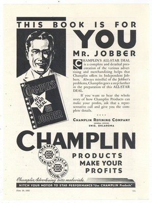 1935 Champlin Refining Co. Enid, Oklahoma Ad: Gasoline & Motor Oil, Jobber Offer