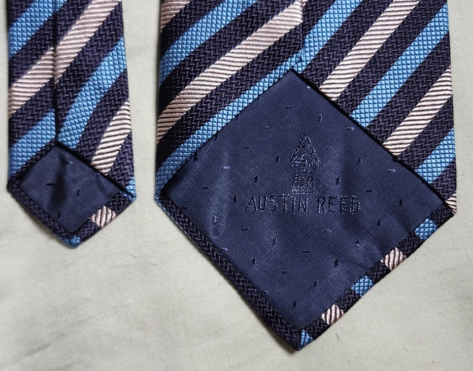 Austin Reed 粉色和蓝色条纹设计领带丝绸领带英国制造 — 第 3/4 张图片