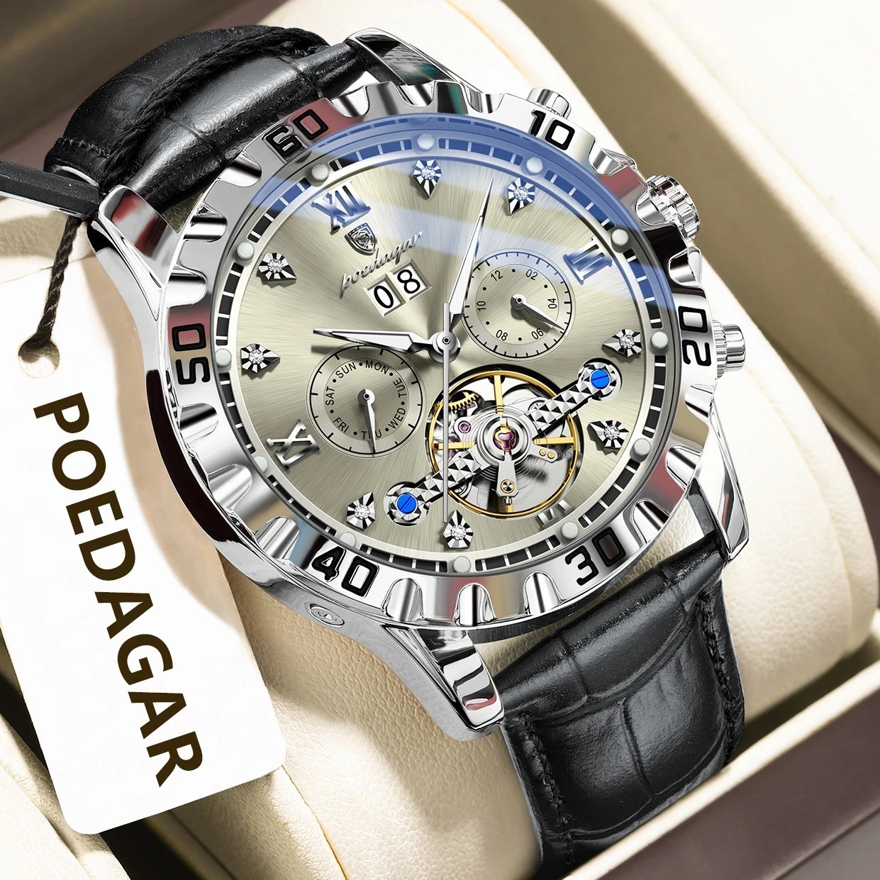 Montre tourbillon creux pour homme POEDAGAR en acier noir au design squelette de luxe