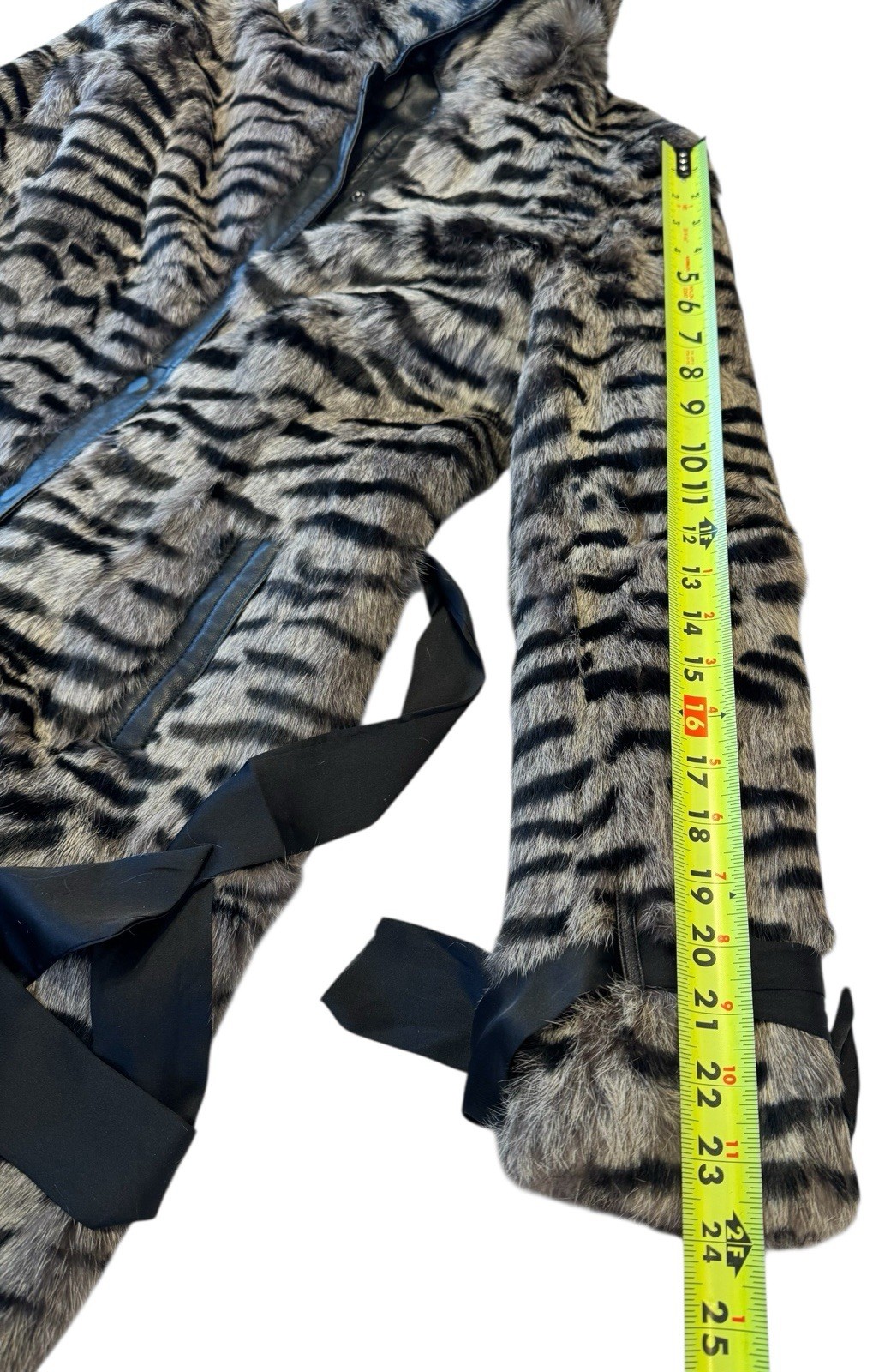 Vintage Bebe Dyed Rabbit Fur Coat Medium Tiger Stripe Print Leather Trim Belted