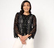 Susan Graver Women's Top Sweater Sz M Occasions Scalloped-Edge Lace Black