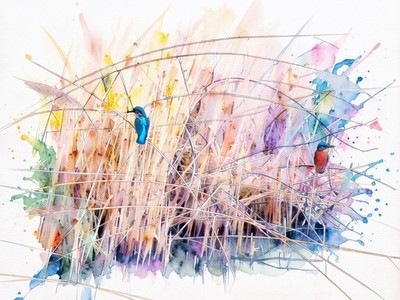 A4 Druck oder A5 Karte Wandbild Poster Geburtstag Geschenk Eisvögel Farbe Spritz Gruß