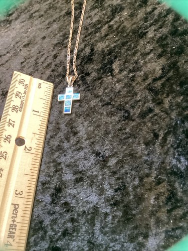 Vintage Sterling Silver Blue Opalized Cross Necklace - Picture 4 of 7