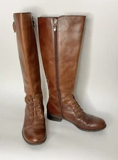 Antonio Melani Leather Boots Size 8.5M Brown Side Zip Nonslip Sole Faux Lace Up