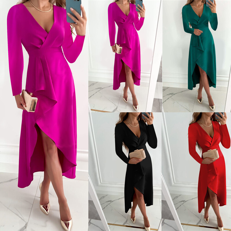 Womens Long Sleeve Holiday Wrap Dress Ladies Evening Party Sexy V Neck Dresses Womens Long Sleeve Holiday Wrap Dress Ladies Evening Party Sexy V Neck Dresses