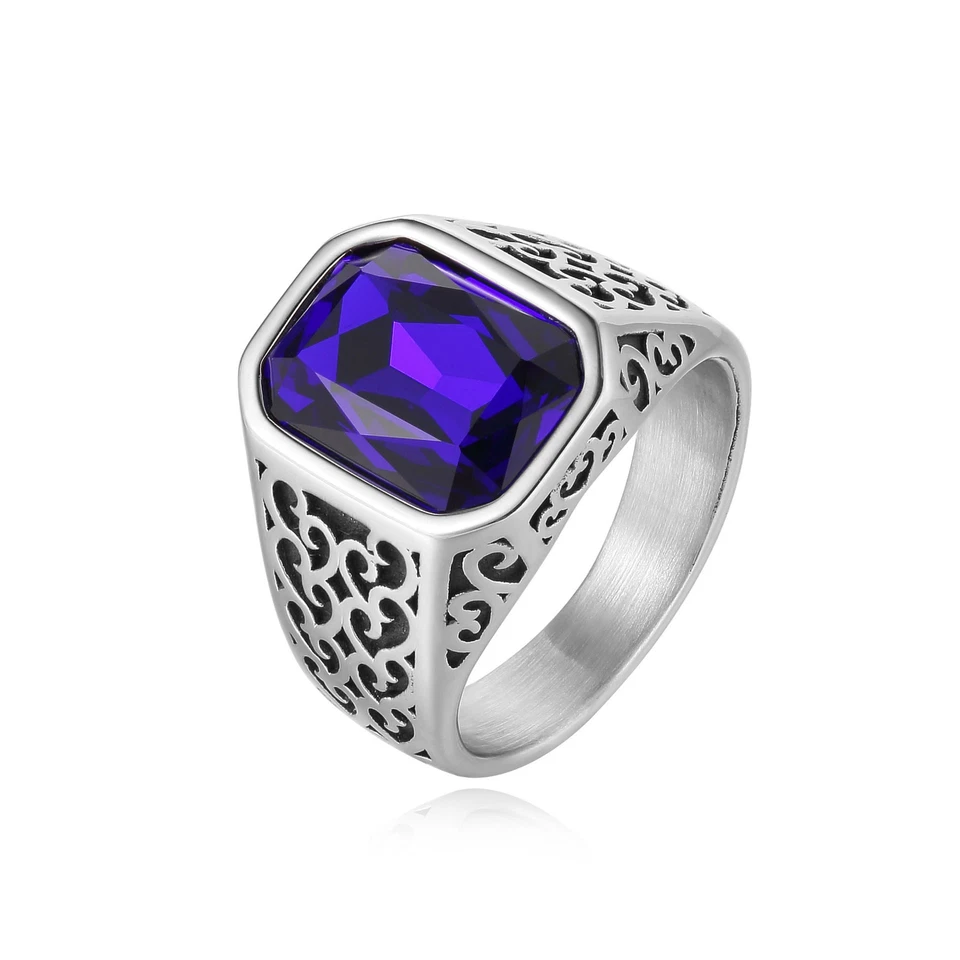 Anillo de Sello para Hombre Acero Inoxidable Vintage Cuadrado Piedra Azul Motociclista Banda Regalo Foto 2 de 4