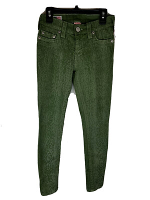 TRUE RELIGION Halle Women 25 Green Print Cotton Stretch USA Made Skinny Jean