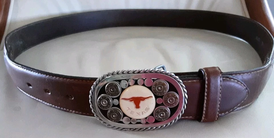 TEXAS Custom Belt Buckle Longhorn 357 Caps Stainless Silver Creek Belt Sz 42 - Image 3 of 4