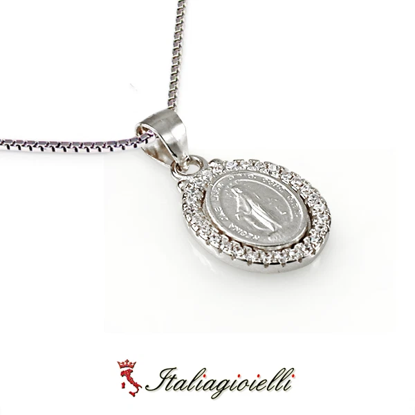 Collana Medaglia Madonna Miracolosa Brillante in Argento 925 Rodiato Oro Bianco - Immagine 4 di 4