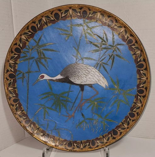 Japanese Meiji Cloisonne Enameled Figural Charger With Marsh Scene & Heron - 第 1/2 張圖片