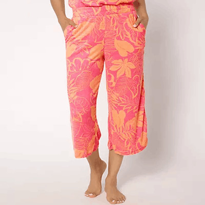 Cuddl Duds Womens Large Baby Loop Terry Cropped Pants Pink Palm Print NWOT)