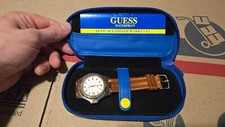 VINTAGE Guess Waterpro Wrist Watch BOXED With Case Leather Band Silver White CIB