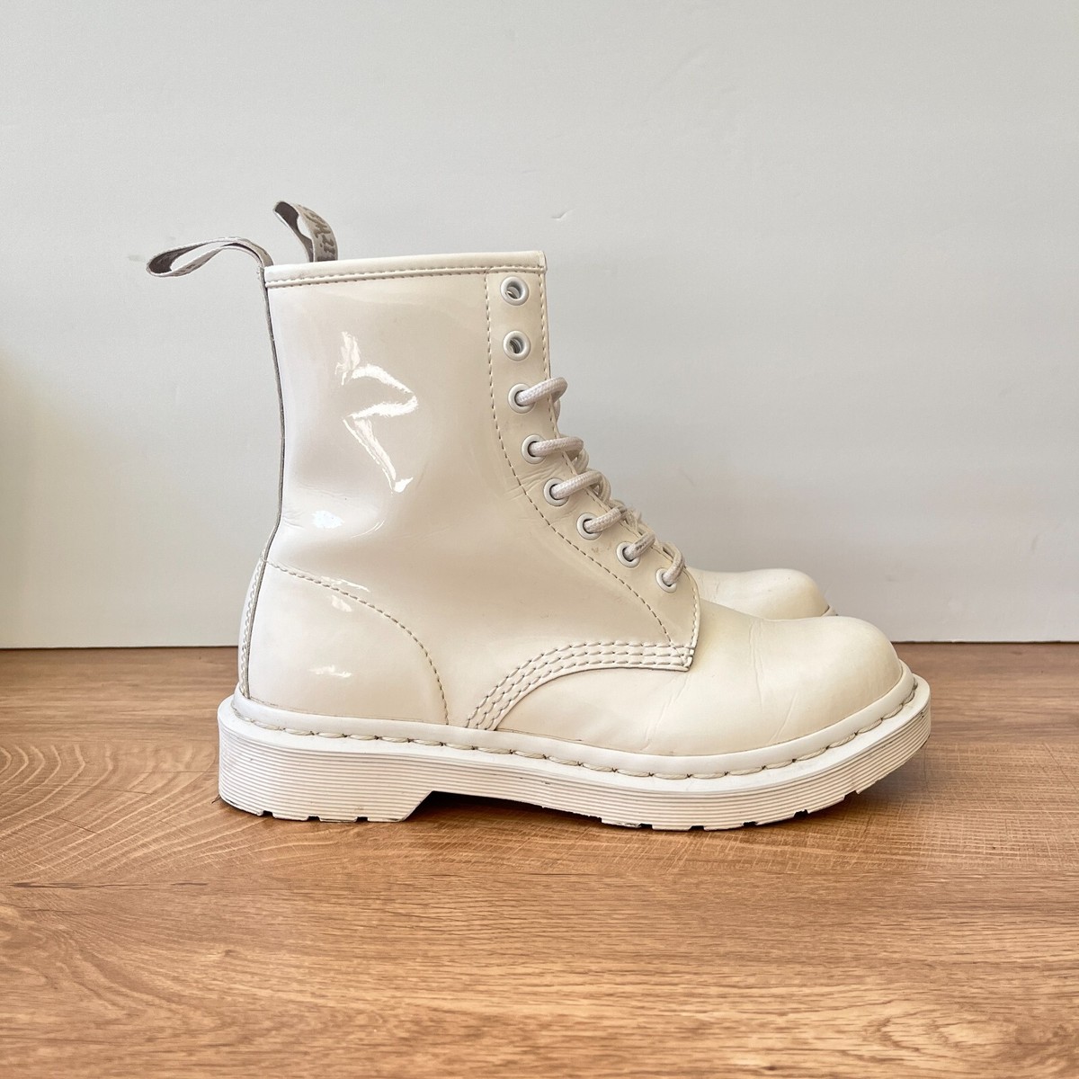 Martens Mono Patent Leather Lace Up Eyelet All White Boots