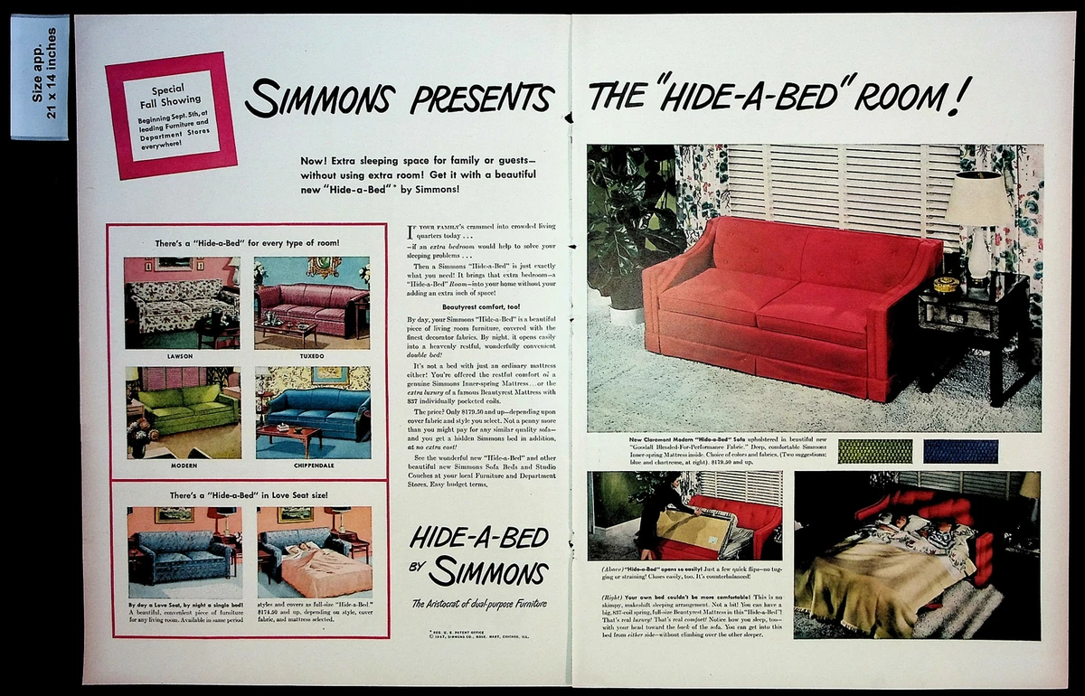 1947 Simmons Hide A Bed Furniture Couch Room Extra Bed Vintage
