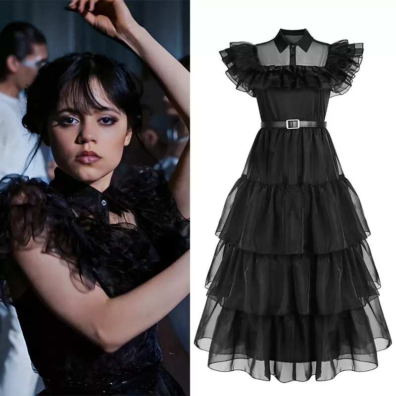 Wednesday Addams Cosplay Dress Women Girls Costumes Black Gothic Halloween  Party