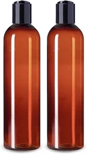 8 oz Amber Plastic Empty Bottles with Black Disc Top Caps, Refillable Containers