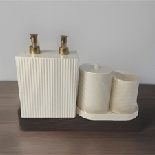 4-Piece Striped Matte Plastic Bathroom Set, Soap Dispenser, Holder, Tray