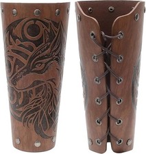 Genuine Leather Viking Bracers with Embossed Wolf Design - Cosplay Arm Guards