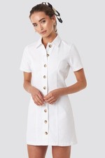 NA-KD Women's Dress Button Up Denim Mini Dress White, 34
