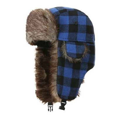 Blue Winter Plaid Trapper Hat Insulated Ear Flap Warm Cold Weather Ski Hunting