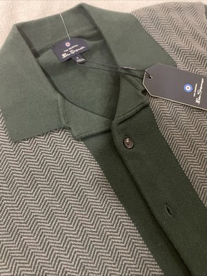 NEW! Ben Sherman Mens Small Green Chevron Button Up Short Sleeve Knit Spruce