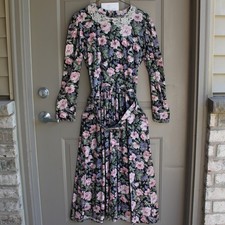 Vintage Stuart Alan Dress Women's Size 10 Floral Long Sleeve Pockets Belt Lace