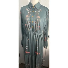 Vintage Floral Maxi Dress Long Sleeve Collared Button Up Teal Green Tier Ruffle