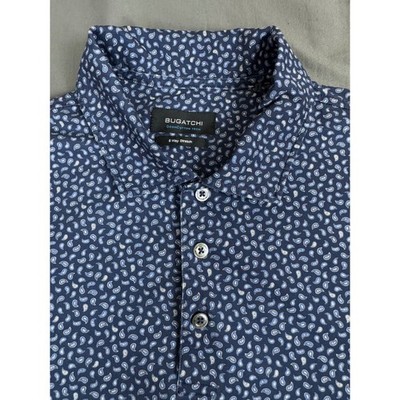 Bugatchi OoohCotton Tech Polo Shirt Mens Medium Navy Blue Paisley 8-Way Stretch