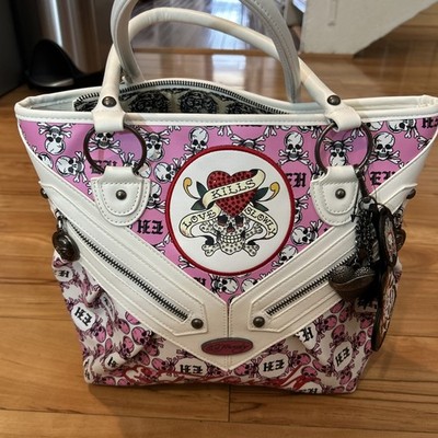Ed Hardy Pink Skull Tote Bag Studded Rhinestone Logo Zip - Brand New 