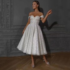 Modest Shiny Lace Wedding Dress Short Cap Sleeve Tea Length Bridal Gowns